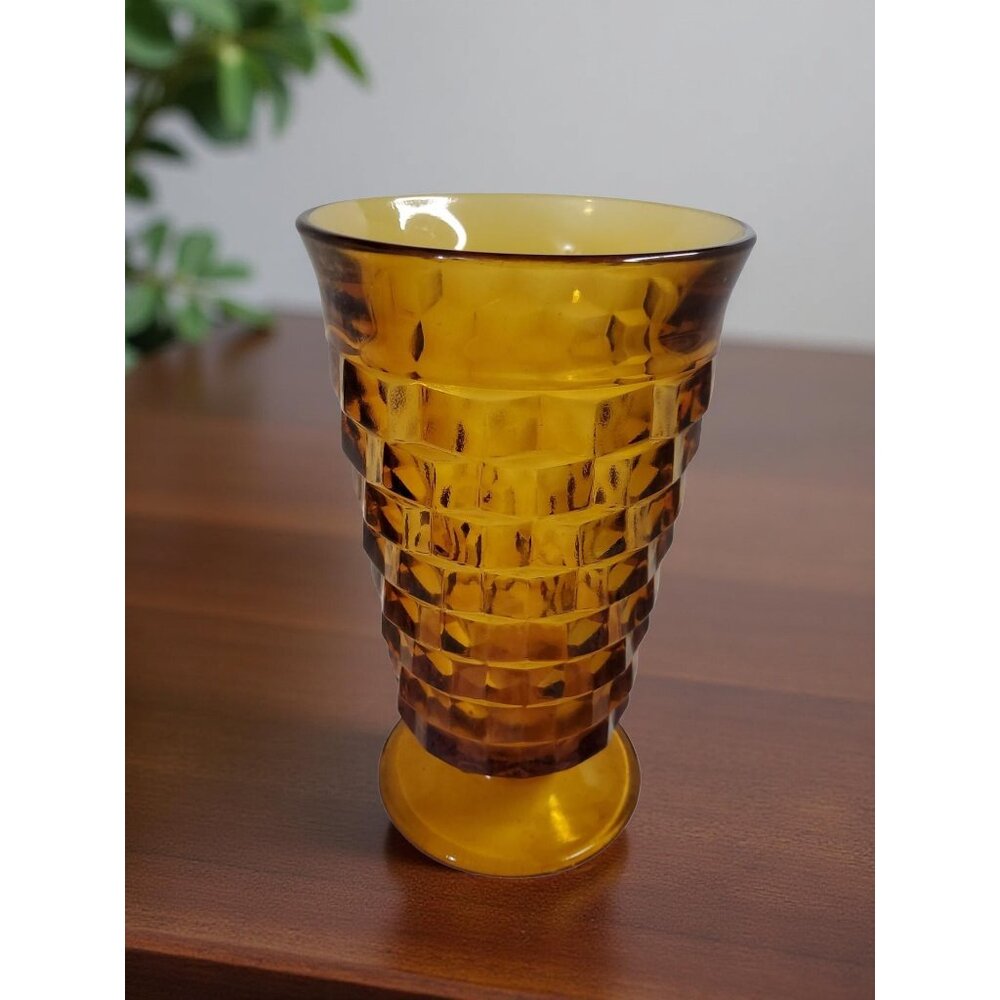 Vintage 1960s Indiana Whitehall Cubist Amber footed 14oz tumbler.